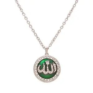 Memoir Silver plated Green Enamel CZ Allah word in Urdu spiritual muslim Round chain Pendant locket necklace jewellery for Men and Women