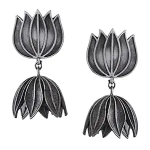 Dulcett India | Black Metal Jhumka Ethnic German Silver Jhumka Earrings |Black Oxidised Earrings | German Silver Black Metal Polish Designer Earrings| Lotus Shape Jhumka for Girls & Women