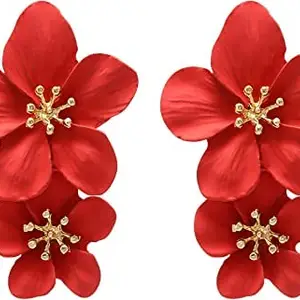 Stylish LOOX Stylish LOOX Bohemian Daisy Flower Matte Floral Petal Drop Dangle Earrings Layered Tiered for Women Girls Chic Boho Wedding Jewelry (Red)