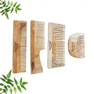 GrowMyHair Neem Wood Comb Anti-Bacterial Anti Dandruff Comb for All Hair Types, Promotes Hair Regrowth, Reduce Hair Fall (Set of 4, Wide & Thin, Broad, Handle, D Shape Comb)