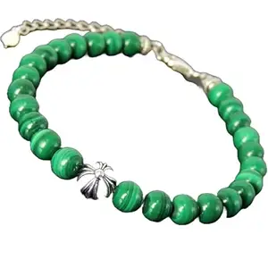 LKBEADS Silver Plated Bracelet with Green Smooth Malachite Beads – Round 8mm – 7 inch Adjustable – For Men & Women|LK_STACK_04593