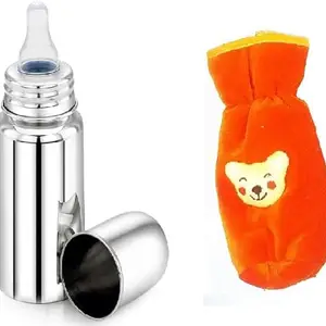 PRUEDDLE KIDS Stainless Steel Baby Feeding Bottle with Cover -(Orange Cover)