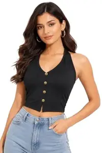 TIVANTE Solid Women's Sleeveless Halter Neck Crop Top with Gold Button Detail || Halter Neck Tops for Women Stylish