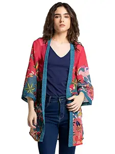 SHAYE Multicolor Floral Printed Georgette Open Front Longline Kimono Shrug with 3/4th Sleeves