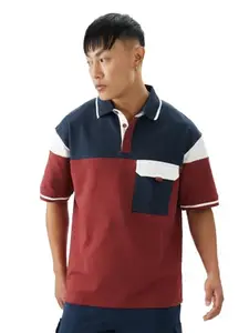 The Souled Store Color Block: Cayenne Men and Boys Short Sleeve Collared Neck Cotton Oversized Polos