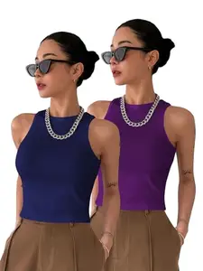 Toochki Women's Lycra Sleeveless Crop Top Solid Stretchable Round Neck Short Length Pack of Two