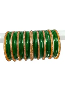 Green Plain Glass Bangles with Golden (Pack of 34) (2.8)
