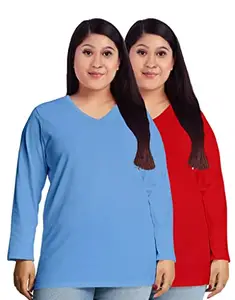 OPLU Women's Plus Size T-Shirt Pack of 2 with Blue and Red V Neck Full Sleeve Plain Combo Pootlu Tshirts.(Pooplu_Multicolored_X-Large)