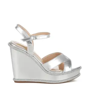 London Rag Rhinestones Embellished Wedge Sandals Silver 5 Inch 37