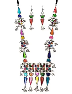 Total Fashion Latast Stylish Boho Trible Meenakari Silver Oxidised Mirror Chain Pendant Necklace Jewellery Set Women for Girls