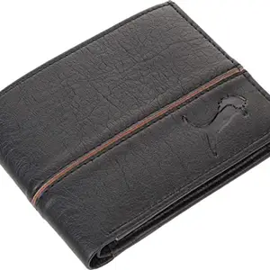WILD EDGE Black Men's Genuine Leather Wallet with Brown Line Detailing Snap Closure - Smart and Formal Handcrafted Wallet for Men
