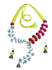 Radiant Fusion Modern Latest Yellow & Red Handcrafted Oxidized Leaf Design Festive Necklace Set With Dangle Earring For Women Boho Art Stylish Durga Puja Festival Jewellery Set With Gift Earring