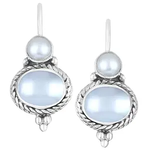 Peora 925 Sterling Silver Diamond Cut CZ Oxidised Finish Anti Tarnish Fish Hook White Pearl Oval Drop Earrings for Women Girls Stylish Valentines Gift for Her