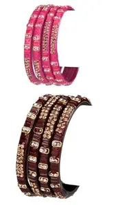 Somil Combo Of Party & Wedding Colorful Glass Bangle/Kada, Pack Of 8, Pink & Brown