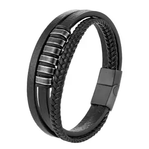 THE MEN THING NOIR BRAID BLACK - Genuine Leather Multi-Layer Braided Bracelet with Stainless Steel Magnetic Buckle for Men & Boys (8 inch)