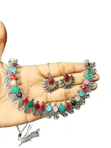 Vintage Style Multi-Colour Beaded Statement Necklace with earrings, Oxidised Silver Finish, Tribal Design