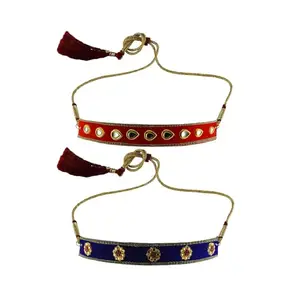 MAYA FASHION Multi Colour Kundun Stud Velvet Kanthi Rajasthani Kanthi Necklace for Girls & Women | Handmade Rajputi Jewelry | Brass Finish | Handcrafted Kanthi (Sku-nec5930)