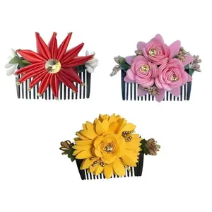 Natth Artificial Flower Comb, Juda/Bun Comb, Side Comb, Floral Hair Comb (Color-Multi, Pack-03)