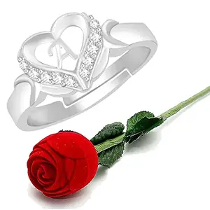 MEENAZ Silver Rings for Women Girls Couple girlfriend Wife lovers Stylish Valentine CZ AD American diamond Adjustable Love Heart Initial Letter A Name Alphabet platinum finger Ring Rose box set-432