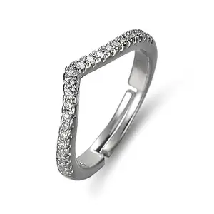 Sterling V-Shaped Chevron Ring with Cubic Zirconia Pave, Adjustable Ring