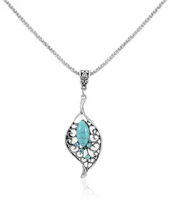 Giftipedia Turquoise and Crystal Pendant Necklace, Silver Plated Chain, Marquise Leaf Design
