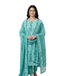 Women Teal Printed Kurta Pant Dupatta Set | Ethnic 3 Piece Suit Set with Dupatta | Straight Kurti with Printed Pants | Festive, Casual & Office Wear Dress for Women