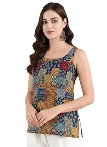 Pinkmint Kurti for Women Printed Sleeveless Women's Kurti Top with Back Tie-Up | Cotton Blend Ethnic Fusion Women Top for Office Wear, Casual Wear, Beach College, Festive & Party Look