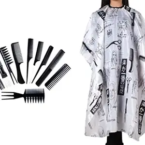 Adhvik Combo Of Professional Hair Styling Combs Set With Printed Unisex Nylon Hair Cutting Sheet Hairdressing Gown Cape Barber Cloth Makeup Apron