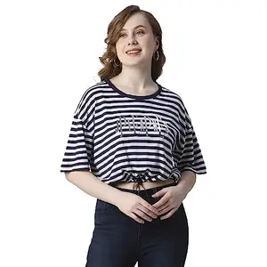 Pepe Jeans Stripes Cotton Round Neck Women's T-Shirt (Navy, Small)