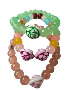 Handcrafted Glass Bead Bracelet, Multi-Colour with Pink and Green Beads, Decorative Pattern Design