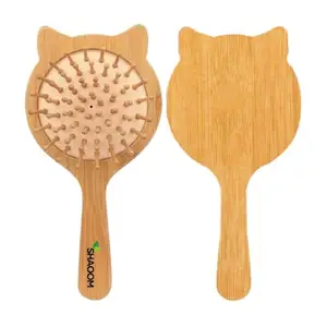 SHAOOM Wooden Peddle brush | Bamboo Wood Brush with Bamboo Bristles Hairbrush Cat Design | Wooden Hair Brush Cat for Women & Men