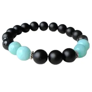 Lady Works Natural Amazonite & Black Onyx 10mm Round Shape Smooth Cut Beads 7 Inch Stretchable Bracelet For Men & Women. Unisex Bracelet For Healing, Meditation, Prosperity, Gift & Luck|LW_BRST_00247_7.0