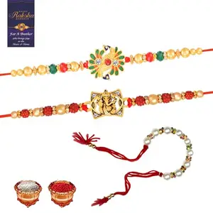 De Marquis Rakhi Combo Set of 5, 2 Rakhi Set, 1 Lumba, 1 Roli Chawal Pack, 1 Greeting Card for Bro/Brother/Bhaiya/Bhai/Bhabhi/Sister/Kids Happy Rakshabandhan