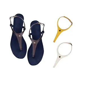 Cameleo -changes with You! Women's Plural T-Strap Slingback Flat Sandals | 3-in-1 Interchangeable Leather Strap Set | Brown-Yellow-White