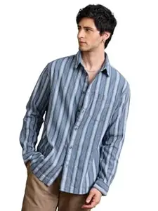 The Souled Store Striped Shirt: Lagoon Men and Boys Long Sleeve Spread Collar Blue Textured Cotton Lightweight Easy to Style Everyday Office Wear Casual Relaxed Shirt