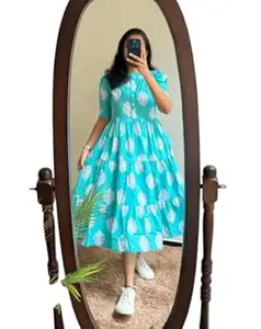 Brown Floral Print Dress, Short Sleeve, Fit and Flare Style, Knee Length, Cotton Blend