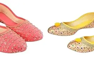 Seven Style Ladies Ethnic Flats for Women's Rajasthani Jutti and Traditional Mojari (Pack of 2)(CJ-09-8) Pink,Yellow