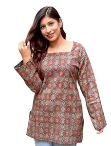 Cotton Top, Diamond Print Pattern, Long Sleeve, Casual Tunic Style