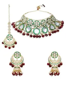 OOMPHelicious Jewellery Green Meenakari & Kundan Jadau Necklace Set with Jhumka Earrings & Maangtikka - Bridal & Wedding - For Women & Girls (NERM5_CC1)