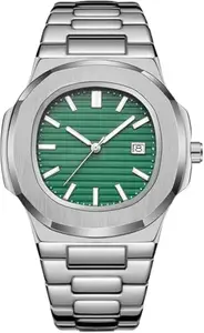 Luxury Men's Stainless Steel Watch, Black Dial, Analogue Display, Date Window (Green)