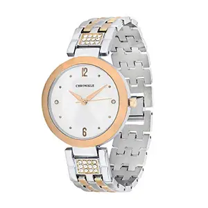 CHRONIKLE Unique Women's Metal Chain Wrist Watch with Diamond Studded Stones (Dial Color: White | Band Color: Silver & Gold)