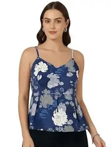Pinkmint Women Pure Cambric Cotton Printed Peplum Top | Sleeveless Spaghetti Strap Summer Casual Top for Women & Girls