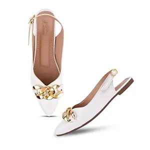 JM LOOKS Women's Fashion Comfortable Slip-on Chain Decorated Loafers White Bellies Low Heels Almond Toe Casual Daily Mule Sandals