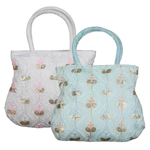 Kuber Industries Hand Bag|Traditional Hand Bag|Silk Wallet Hand Bag|Woman Tote Hand Bag|Ladies Purse Handbag|Gifts Hand Bag|Curved Shape Embroidery Hand Bag|Pack of 2|Multi