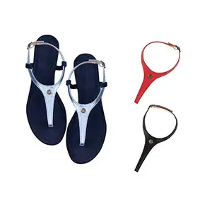 Cameleo -changes with You! Women's Plural T-Strap Slingback Flat Sandals | 3-in-1 Interchangeable Leather Strap Set | Silver-Red-Black