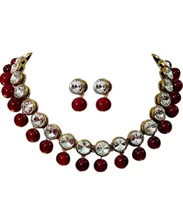 AB HANDICRAFT Maroon Beads Kundan Stone Studded Necklace Set for Women & Girls