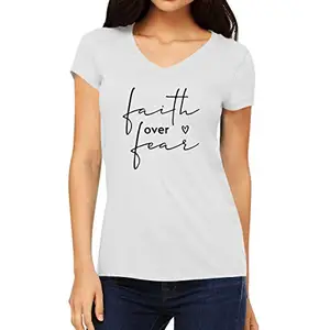 OPLU Women's Regular Fit Faith Over Fear Cotton Printed V Neck Half Sleeves Trending, Text, Quotes Pootlu Tees and Tshirts (Pooplu_White_XX-Large)