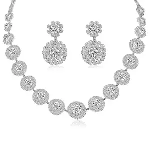 Peora Silver Plated CZ & Crystal Studded Floral Style Necklace with Drop Earrings Set Fashion Jewellery Gift for Women & Girls