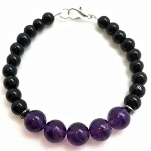 RRJEWELZ Amethyst & Black Obsidian bracelet for men & women - 6-8mm Round Smooth beads - 7 Inch with Silver plated clasp – Healing, Fashion, Gift, Spiritual, Yoga|LCBR_RR_06679