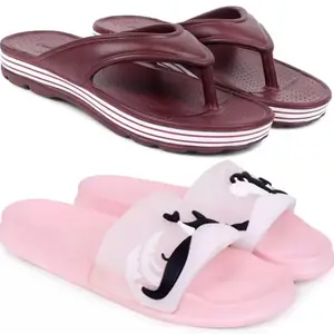 Pampy Angel Combo Pack of 2 Slipper/Flip Flops/Slides/Clogs/Sandals for Women,(V-Snow-Maroon,Dolphin-Pink),39 (Euro)